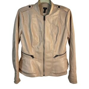 G.I.L.I. Faux Leather Moto Jacket Beige Tan Zip Front Pockets Women's Size 6